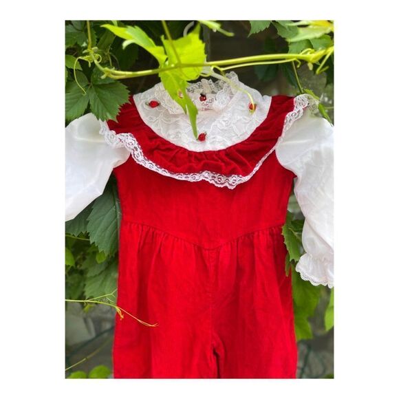 Vintage 80s Red Velvet Corduroy Romper Suit Formal White Lace One Piece Sz 3 - Picture 2 of 14